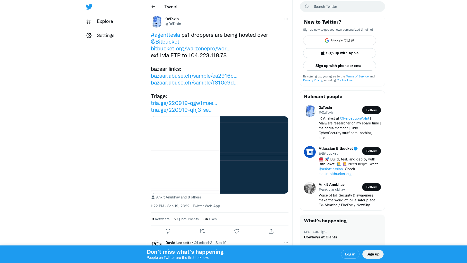 0xToxin on Twitter: "#agenttesla ps1 droppers are being hosted over @Bitbucket https://t.co/SmdsF2b3Nc exfil via FTP to 104.223.118.78 bazaar links: https://t.co/CfUvzUvvgM https://t.co/bydsuN2uoH Triage: https://t.co/P6BB56RGGA https://t.co/oMefQtu4Tn https://t.co/1fsIIidswt" / Twitter