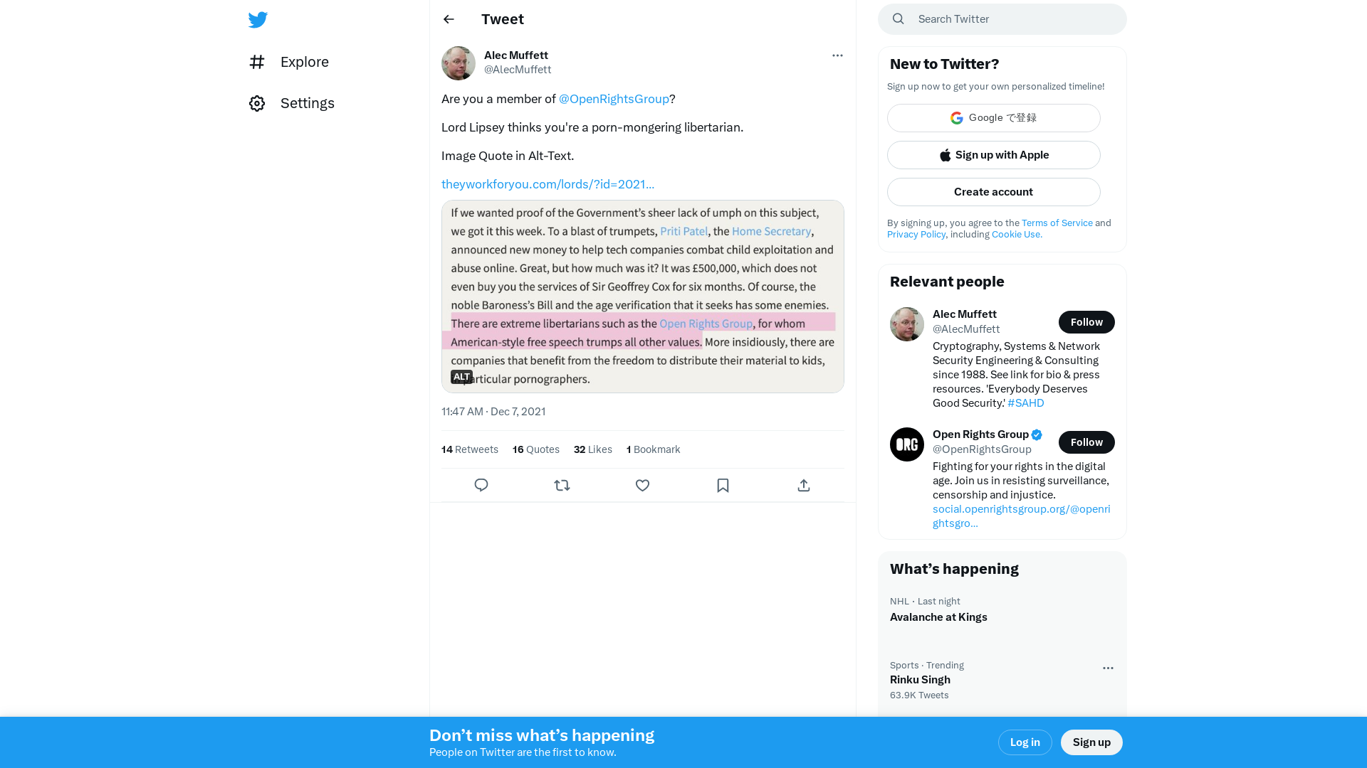 Alec Muffett on Twitter: "Are you a member of @OpenRightsGroup? Lord Lipsey thinks you're a porn-mongering libertarian. Image Quote in Alt-Text. https://t.co/5SV2hyMwLt https://t.co/NGLs50tELT" / Twitter