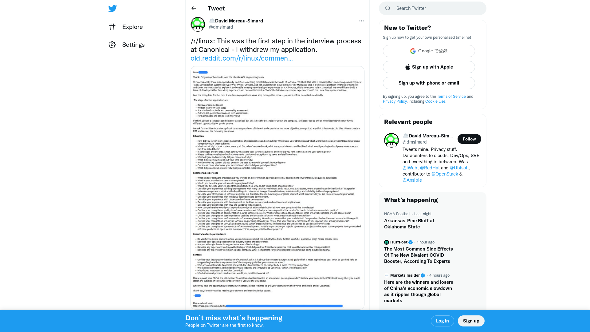 ☁David Moreau-Simard on Twitter: "/r/linux: This was the first step in the interview process at Canonical - I withdrew my application. https://t.co/tncnAQfJd6 https://t.co/S1tnE7ECVv" / Twitter