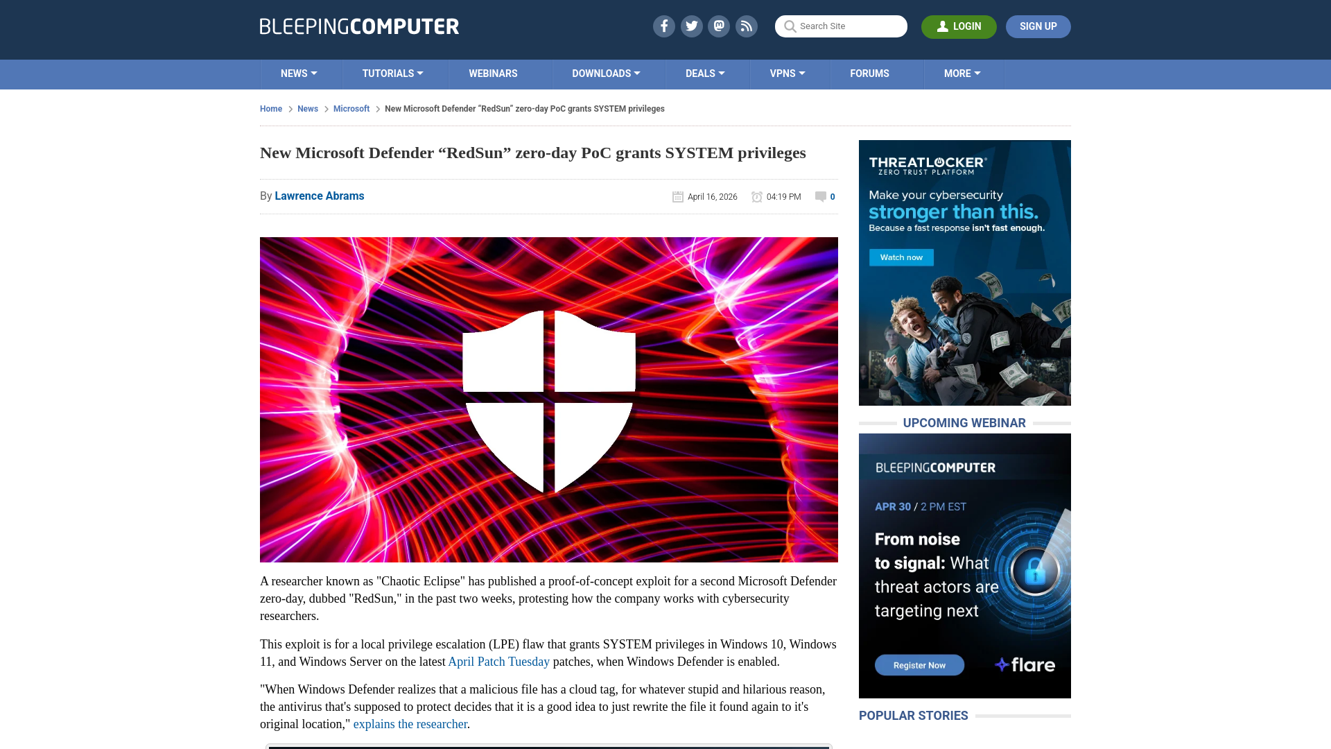 New Microsoft Defender “RedSun” zero-day PoC grants SYSTEM privileges