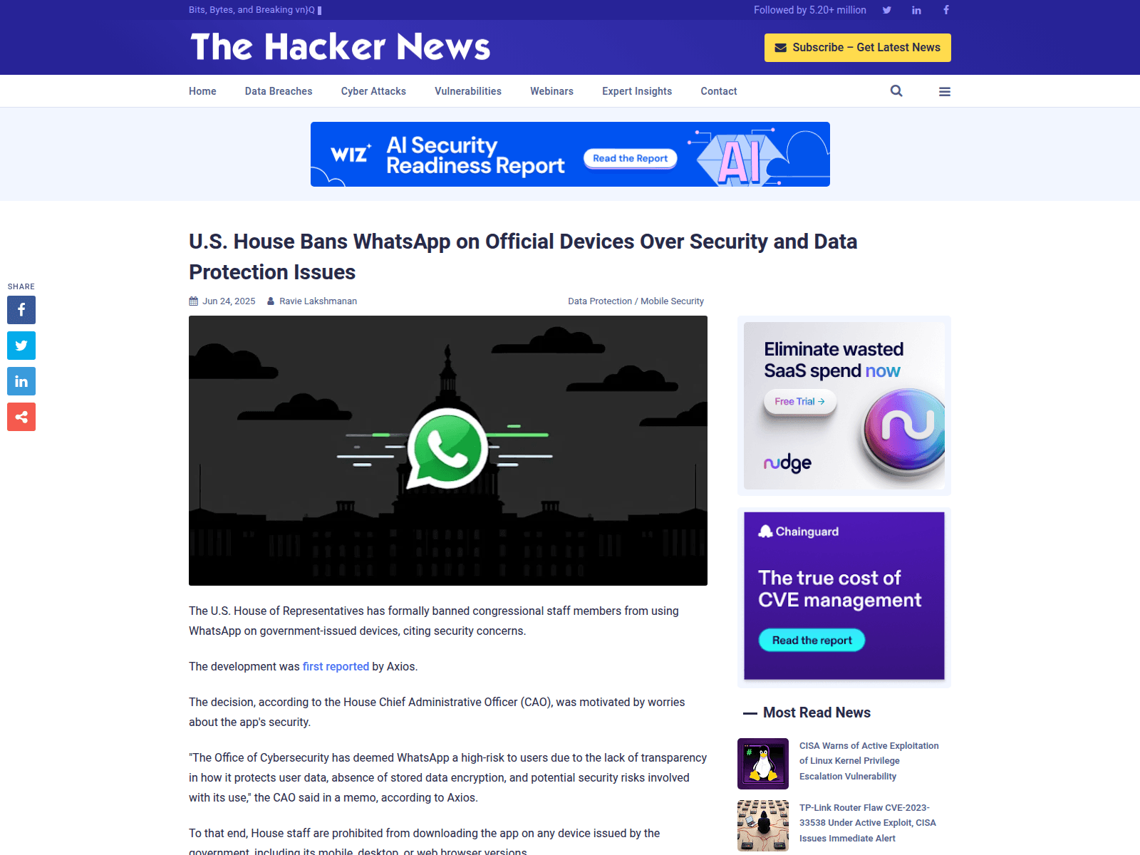 U.S. House Bans WhatsApp on Official Devices Over Security and Data Protection Issues