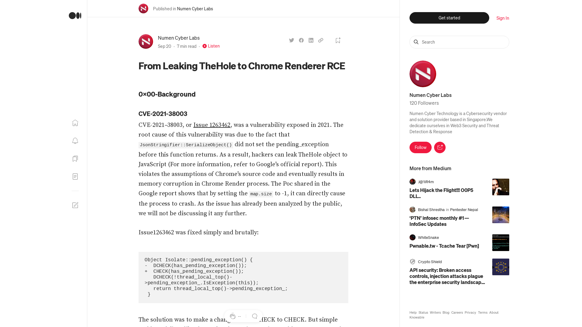 From Leaking TheHole to Chrome Renderer RCE | by Numen Cyber Labs | Numen Cyber Labs | Sep, 2022 | Medium