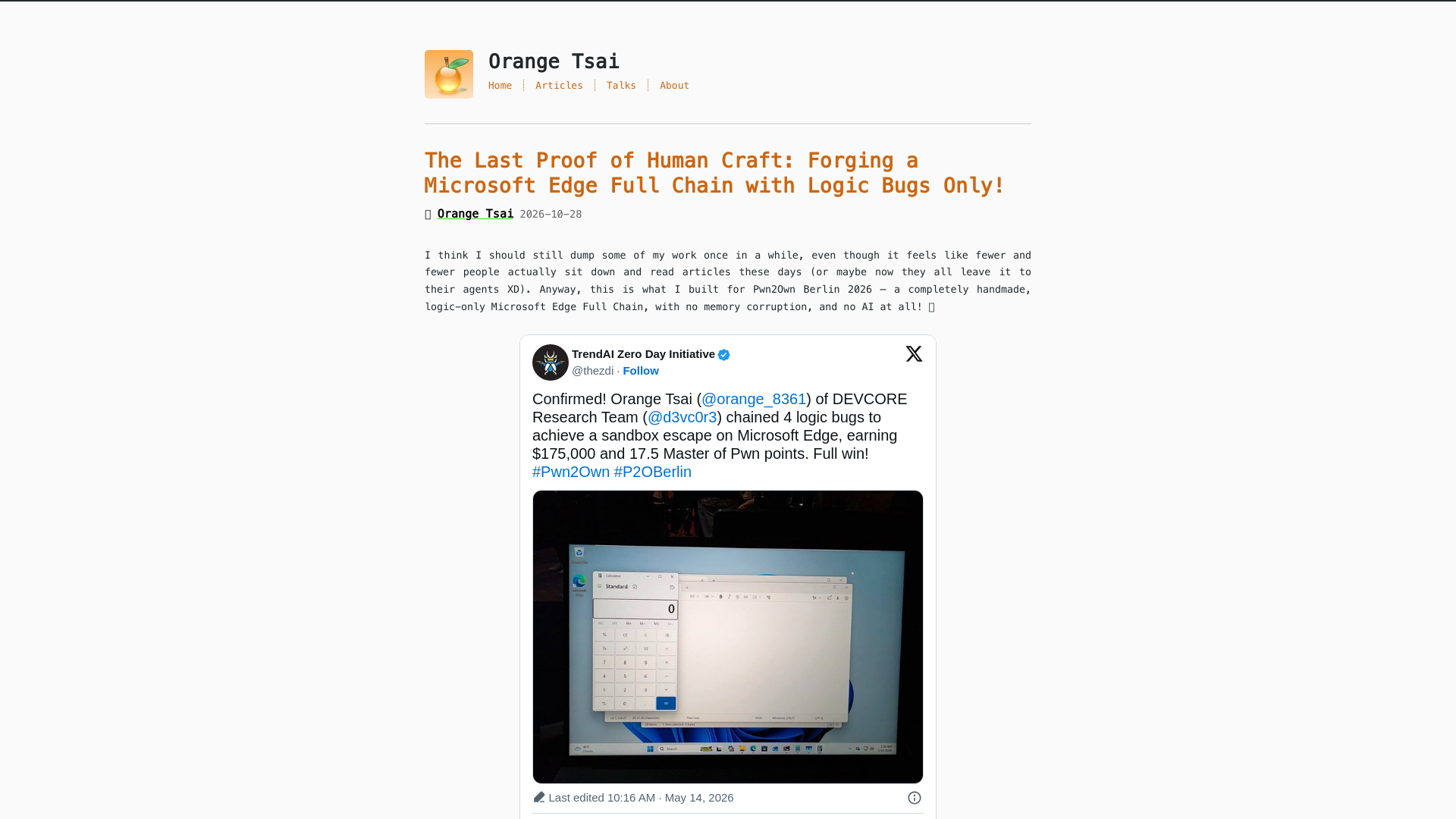 The Last Proof of Human Craft: Forging a Microsoft Edge Full Chain with Logic Bugs Only! | Orange Tsai