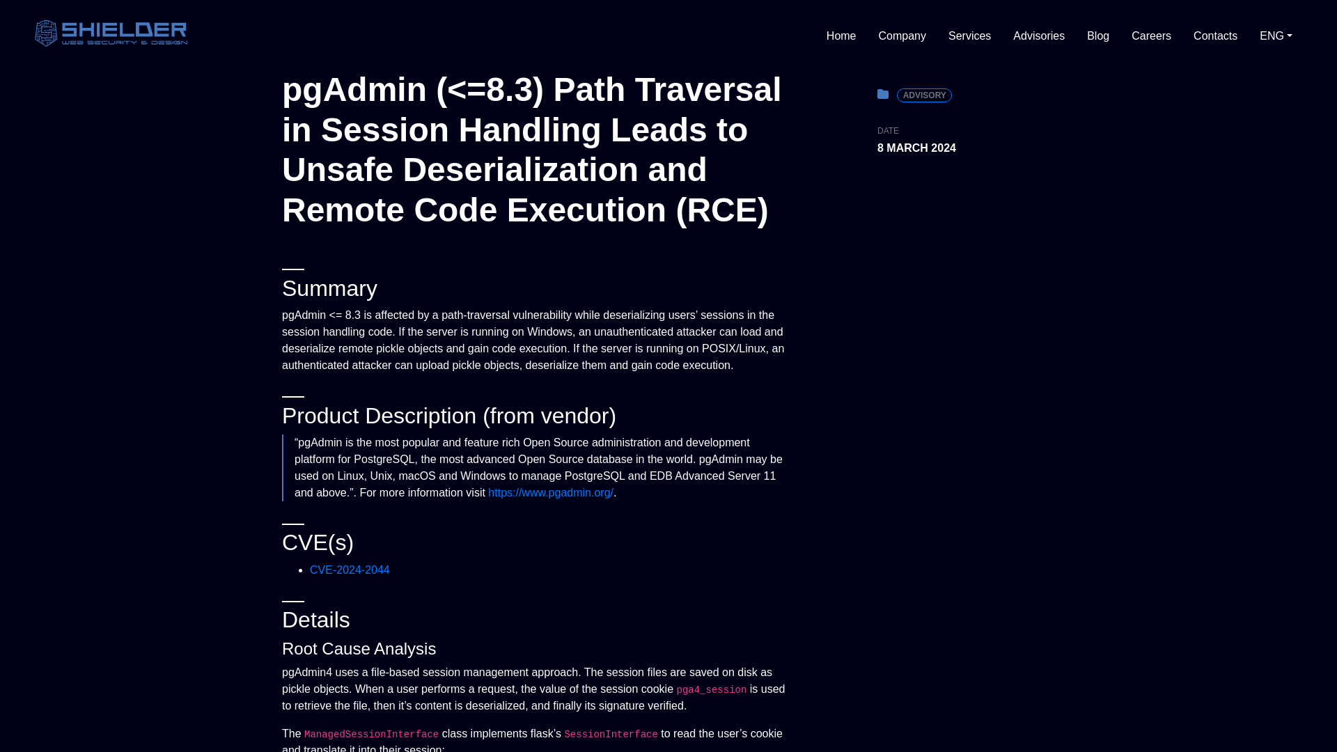 Shielder - pgAdmin (<=8.3) Path Traversal in Session Handling Leads to Unsafe Deserialization and Remote Code Execution (RCE)