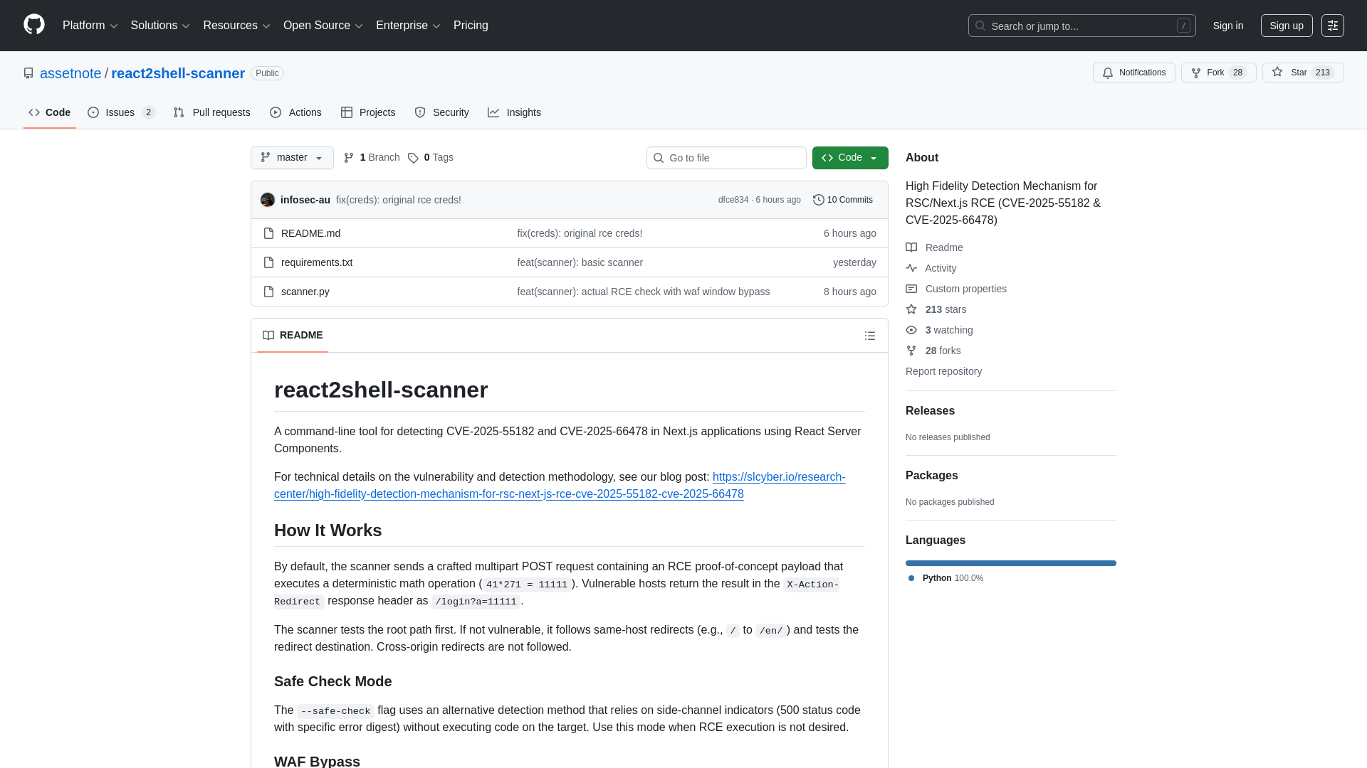 GitHub - assetnote/react2shell-scanner: High Fidelity Detection Mechanism for RSC/Next.js RCE (CVE-2025-55182 & CVE-2025-66478)