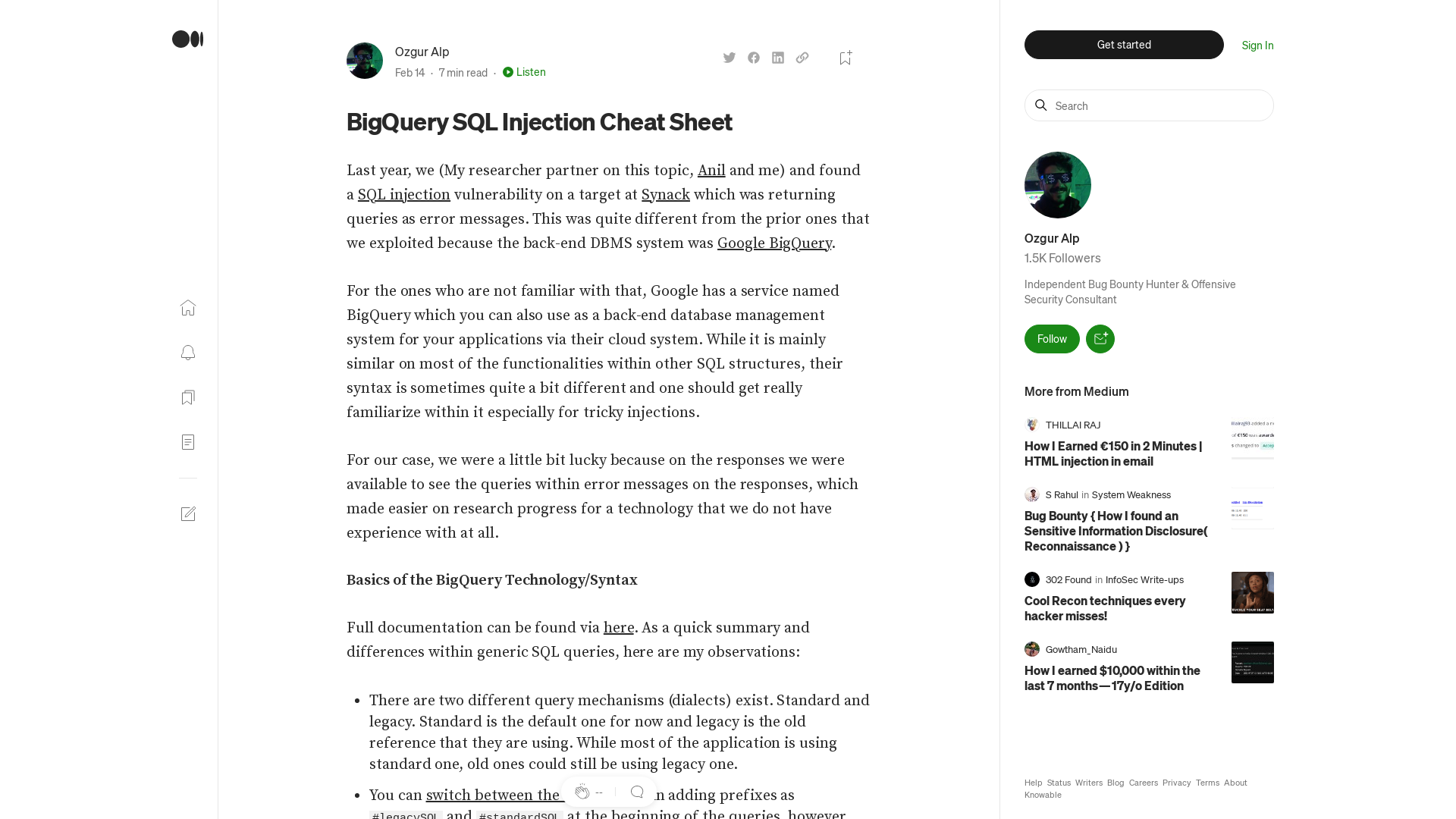 BigQuery SQL Injection Cheat Sheet | by Ozgur Alp | Medium