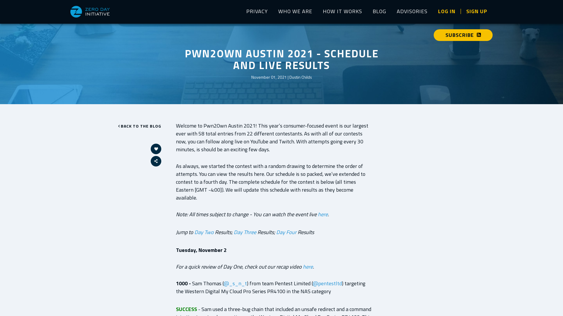 Zero Day Initiative — Pwn2Own Austin 2021 - Schedule and Live Results