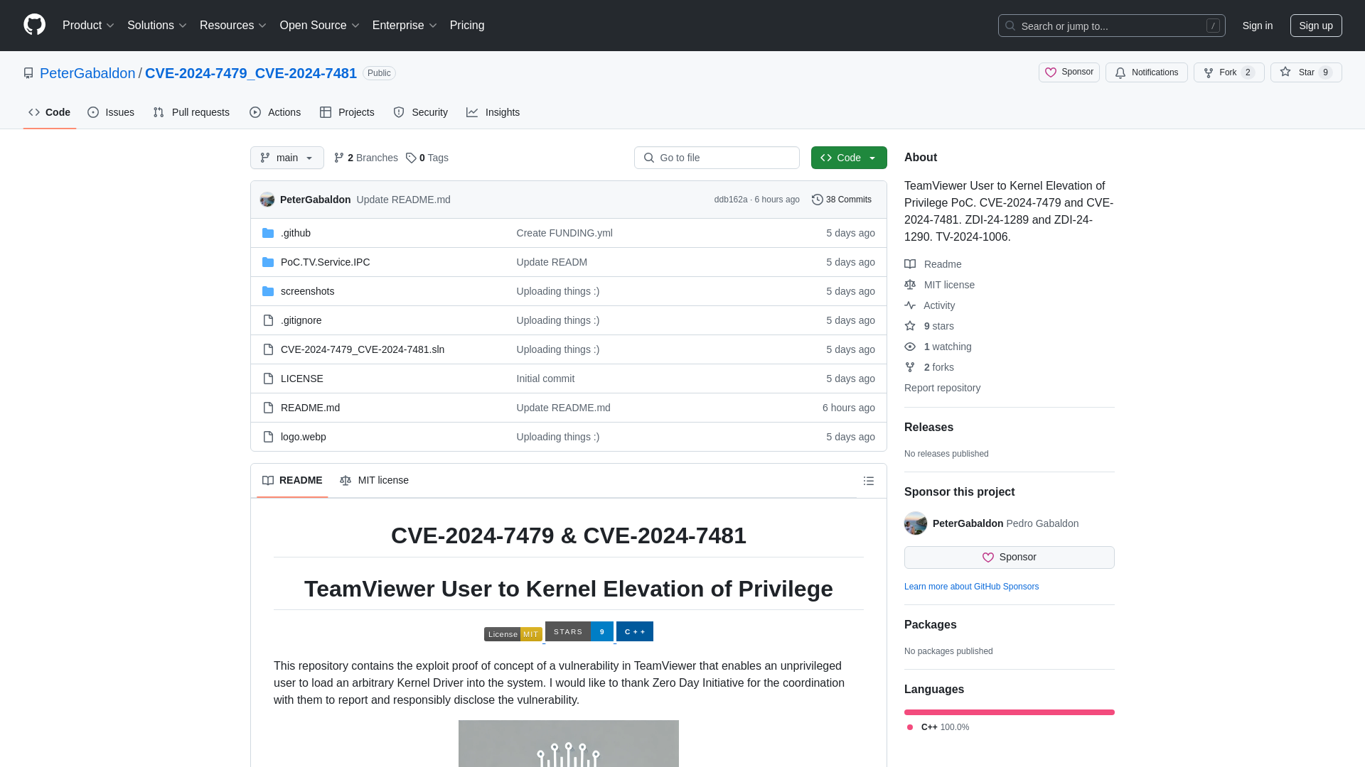 GitHub - PeterGabaldon/CVE-2024-7479_CVE-2024-7481: TeamViewer User to Kernel Elevation of Privilege PoC. CVE-2024-7479 and CVE-2024-7481. ZDI-24-1289 and ZDI-24-1290. TV-2024-1006.