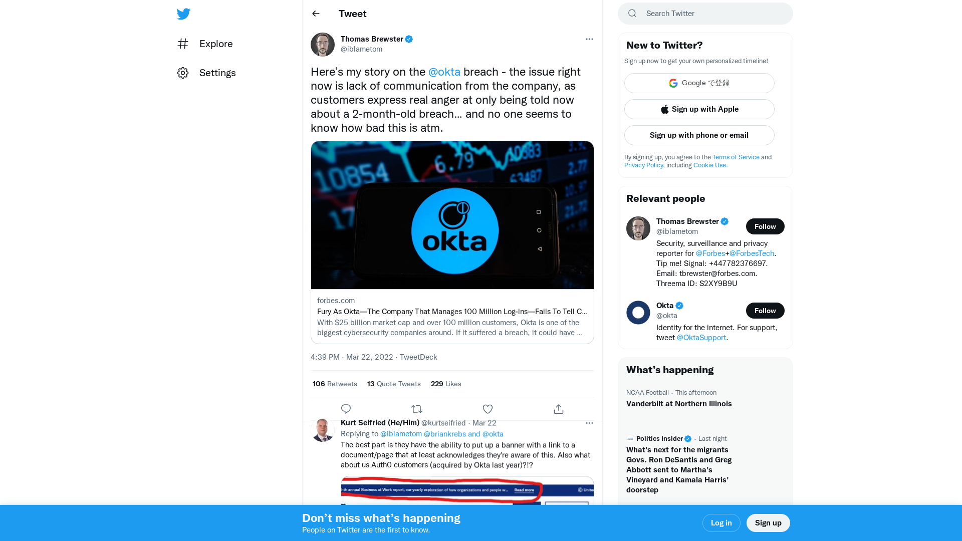 Thomas Brewster on Twitter: "Here’s my story on the @okta breach - the issue right now is lack of communication from the company, as customers express real anger at only being told now about a 2-month-old breach… and no one seems to know how bad this is atm. https://t.co/c7eA0YoBZP" / Twitter