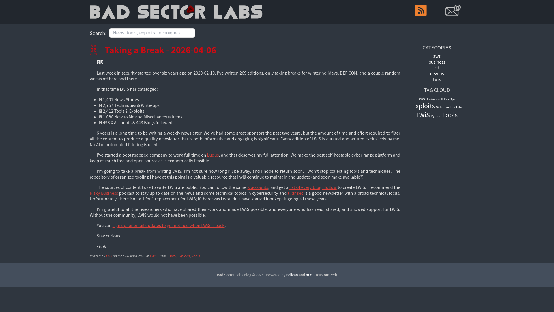 Taking a Break - 2026-04-06 | Bad Sector Labs Blog