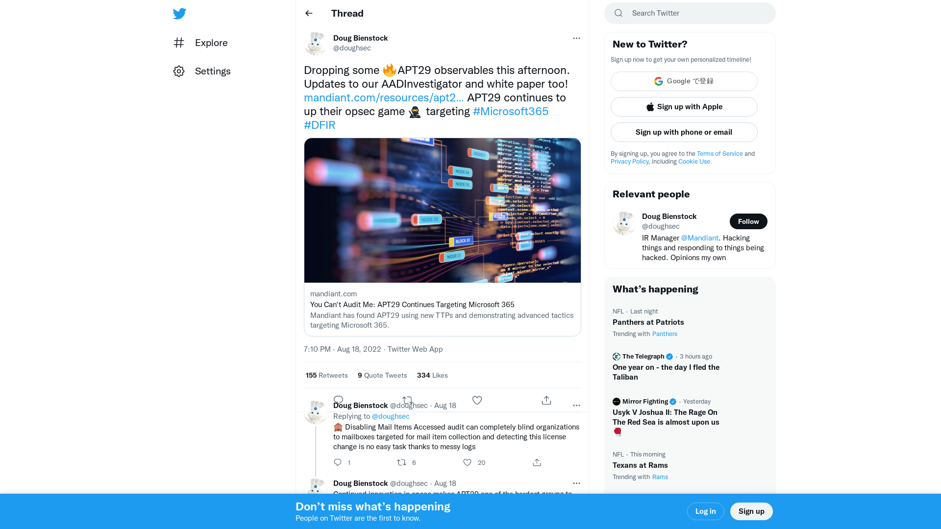 Doug Bienstock on Twitter: "Dropping some 🔥APT29 observables this afternoon. Updates to our AADInvestigator and white paper too! https://t.co/2He0cArioL APT29 continues to up their opsec game 🥷 targeting #Microsoft365 #DFIR" / Twitter