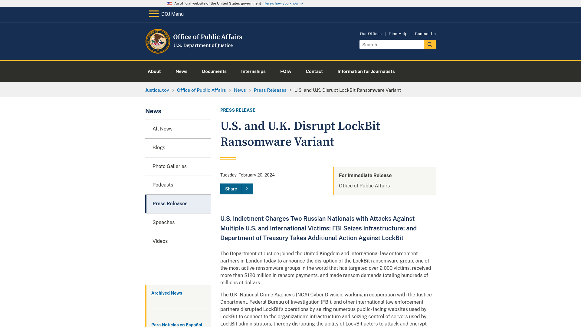 Office of Public Affairs | U.S. and U.K. Disrupt LockBit Ransomware Variant | United States Department of Justice