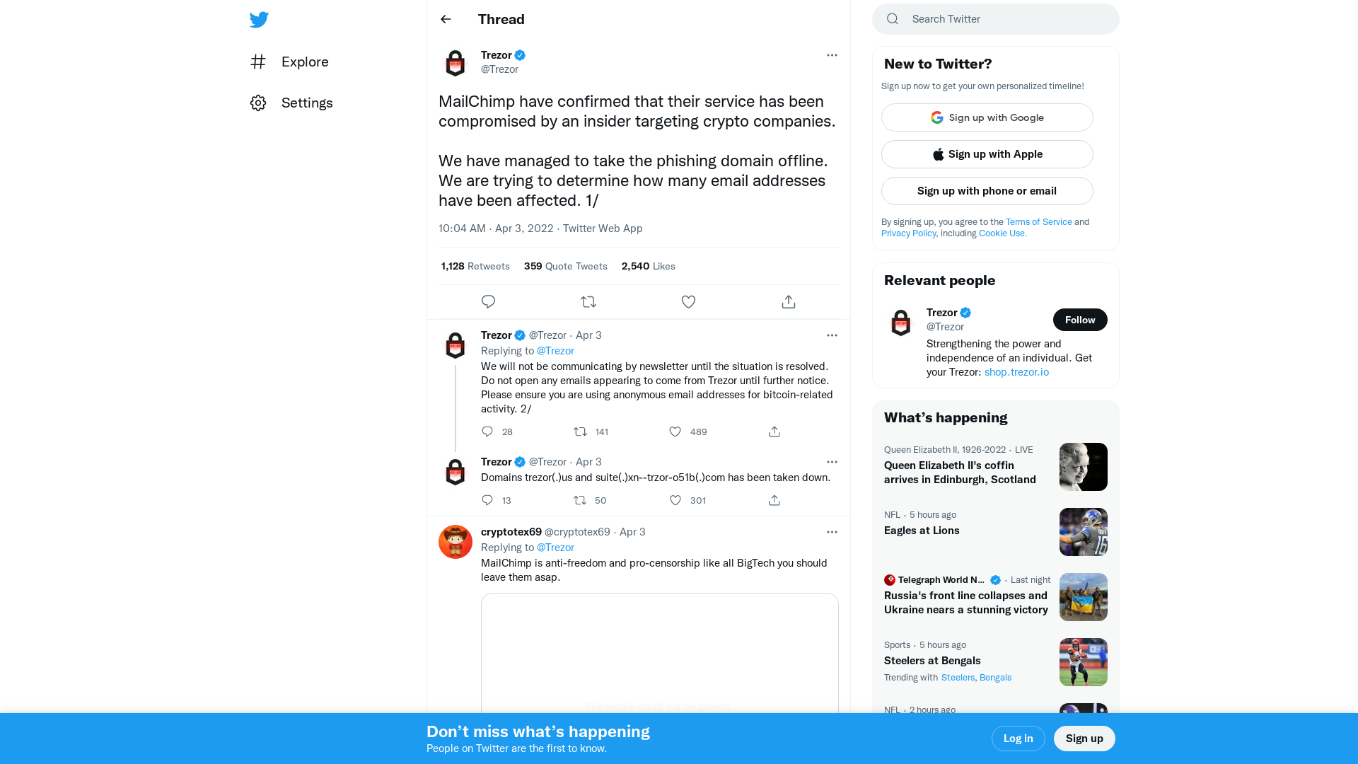Trezor on Twitter: "MailChimp have confirmed that their service has been compromised by an insider targeting crypto companies. We have managed to take the phishing domain offline. We are trying to determine how many email addresses have been affected. 1/" / Twitter