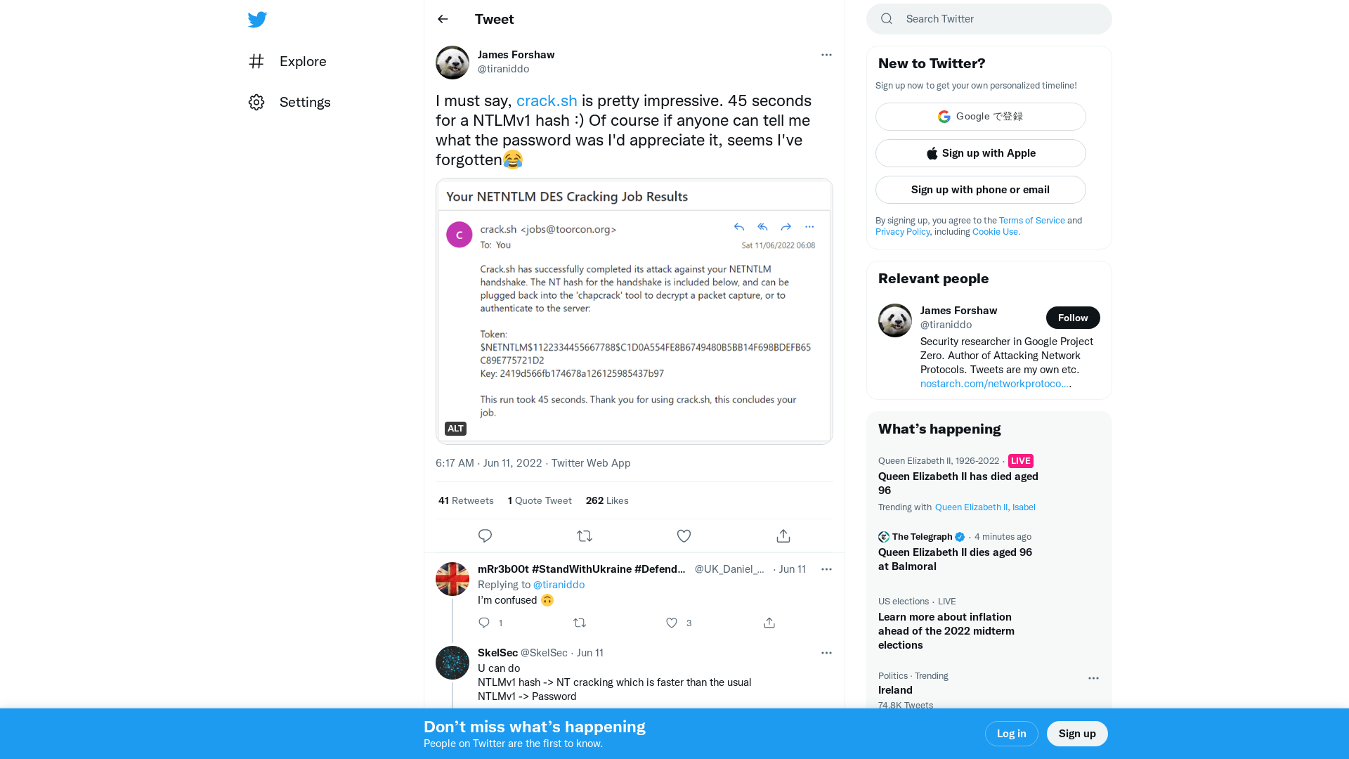 James Forshaw on Twitter: "I must say, https://t.co/hXzDGvrjSg is pretty impressive. 45 seconds for a NTLMv1 hash :) Of course if anyone can tell me what the password was I'd appreciate it, seems I've forgotten😂 https://t.co/EMp3ZnEw8B" / Twitter