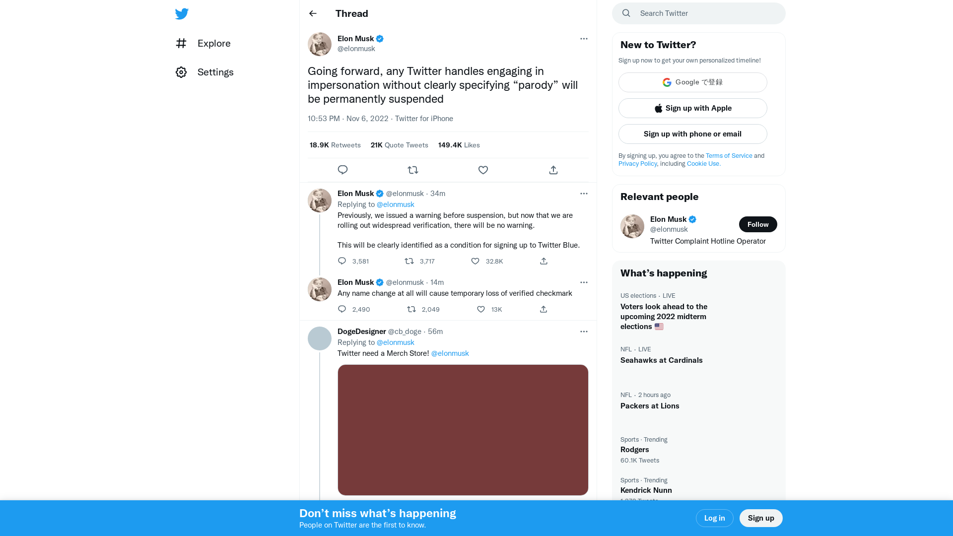 Elon Musk on Twitter: "Going forward, any Twitter handles engaging in impersonation without clearly specifying “parody” will be permanently suspended" / Twitter
