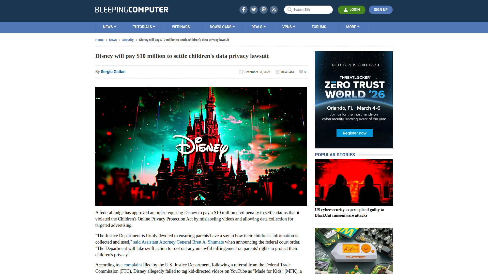Disney will pay $10 million to settle children's data privacy lawsuit