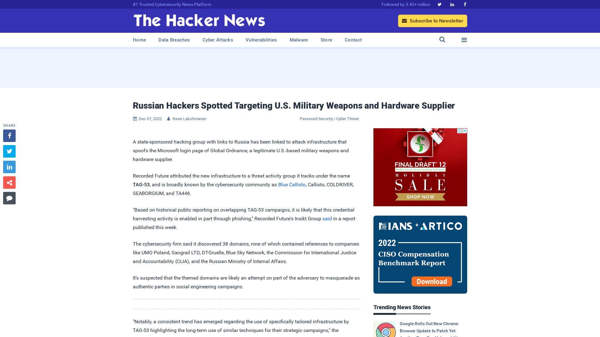 Russian Hackers Spotted Targeting U.S. Military Weapons and Hardware Supplier