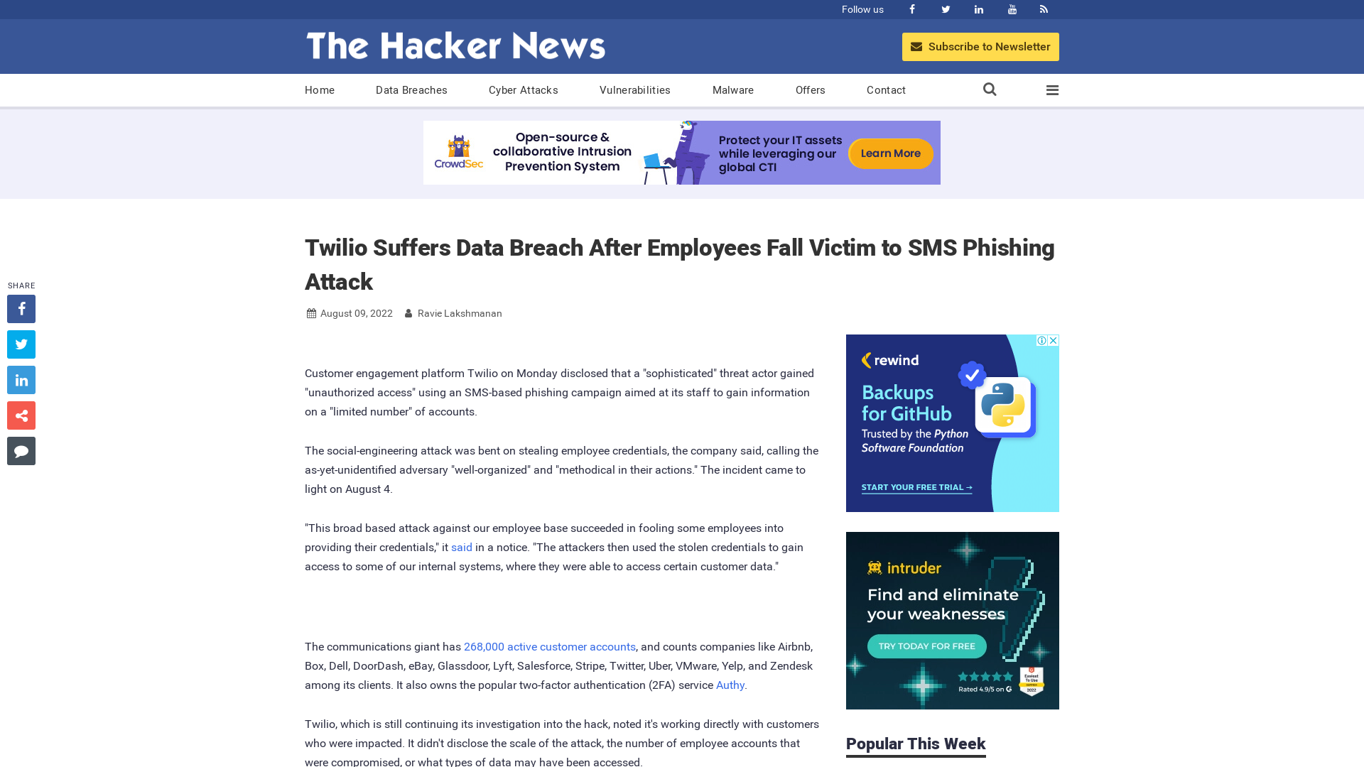 Twilio Suffers Data Breach After Employees Fall Victim to SMS Phishing Attack