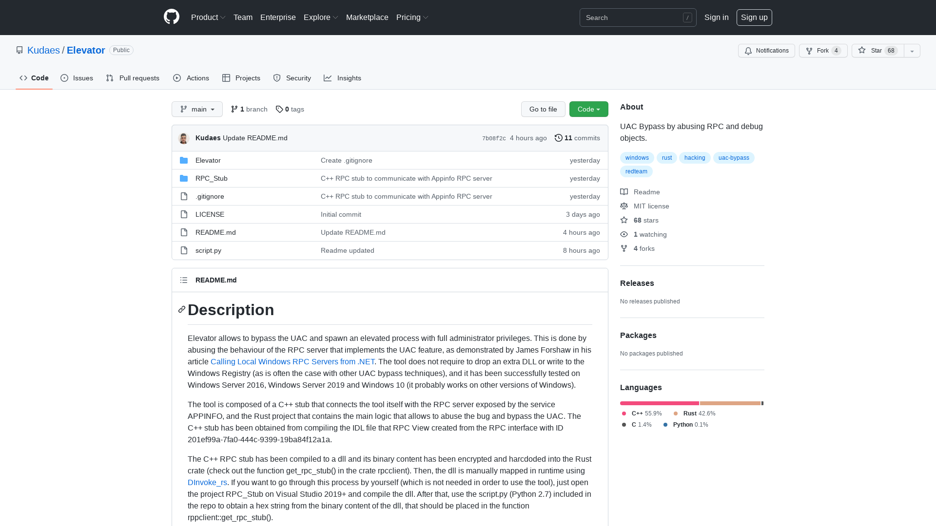 GitHub - Kudaes/Elevator: UAC Bypass by abusing RPC and debug objects.
