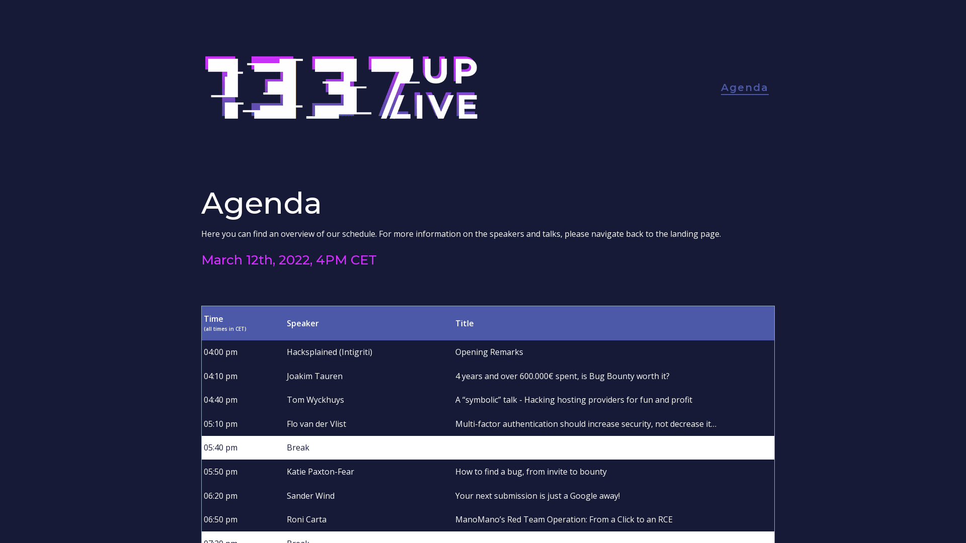 1337UP LIVE 2022 Agenda