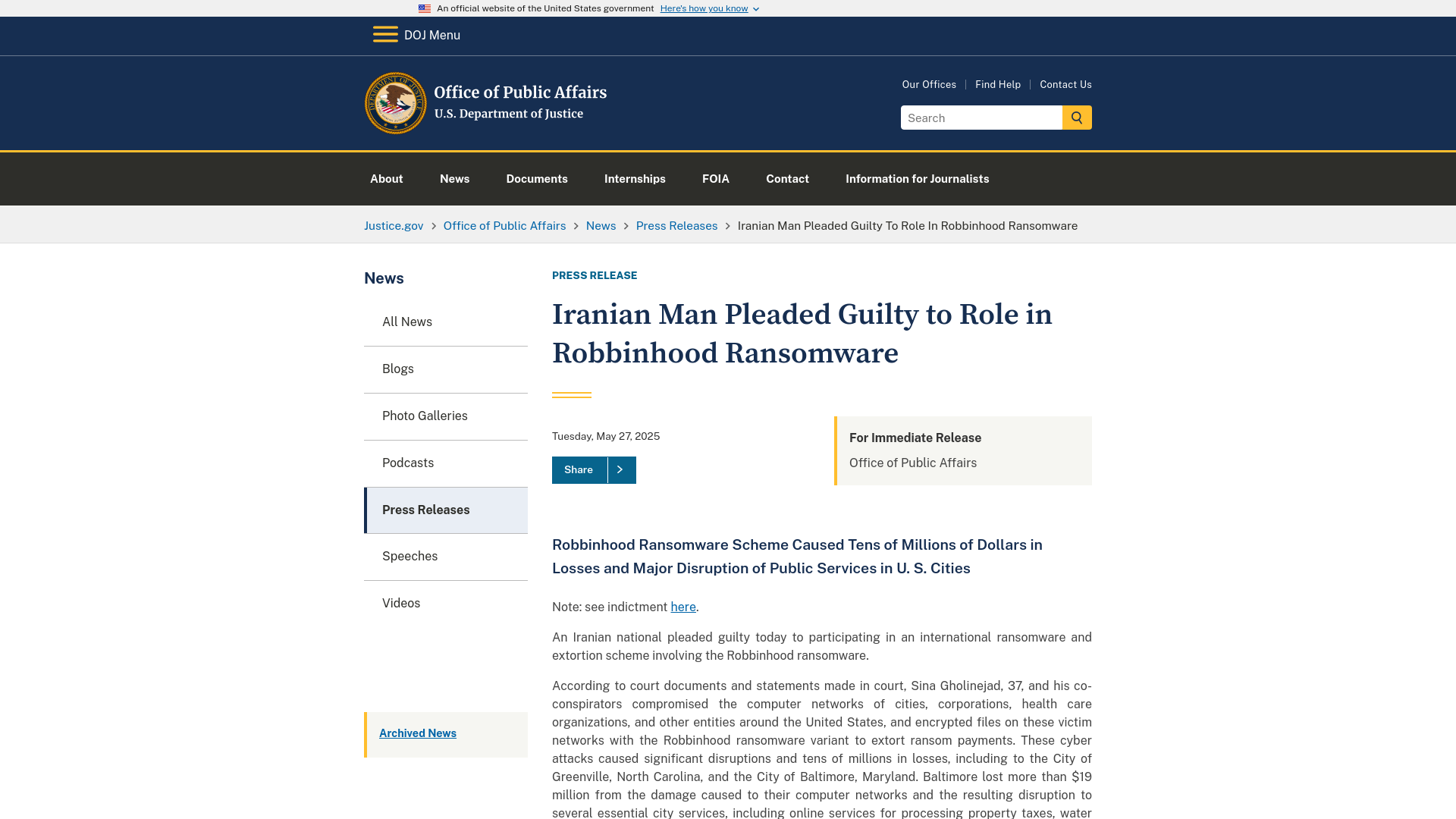 Office of Public Affairs | Iranian Man Pleaded Guilty to Role in Robbinhood Ransomware | United States Department of Justice