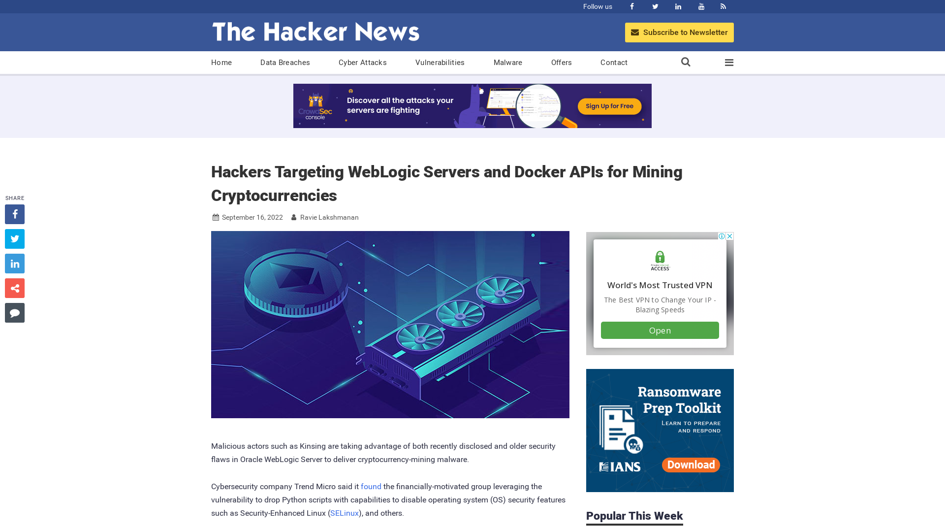 Hackers Targeting WebLogic Servers and Docker APIs for Mining Cryptocurrencies