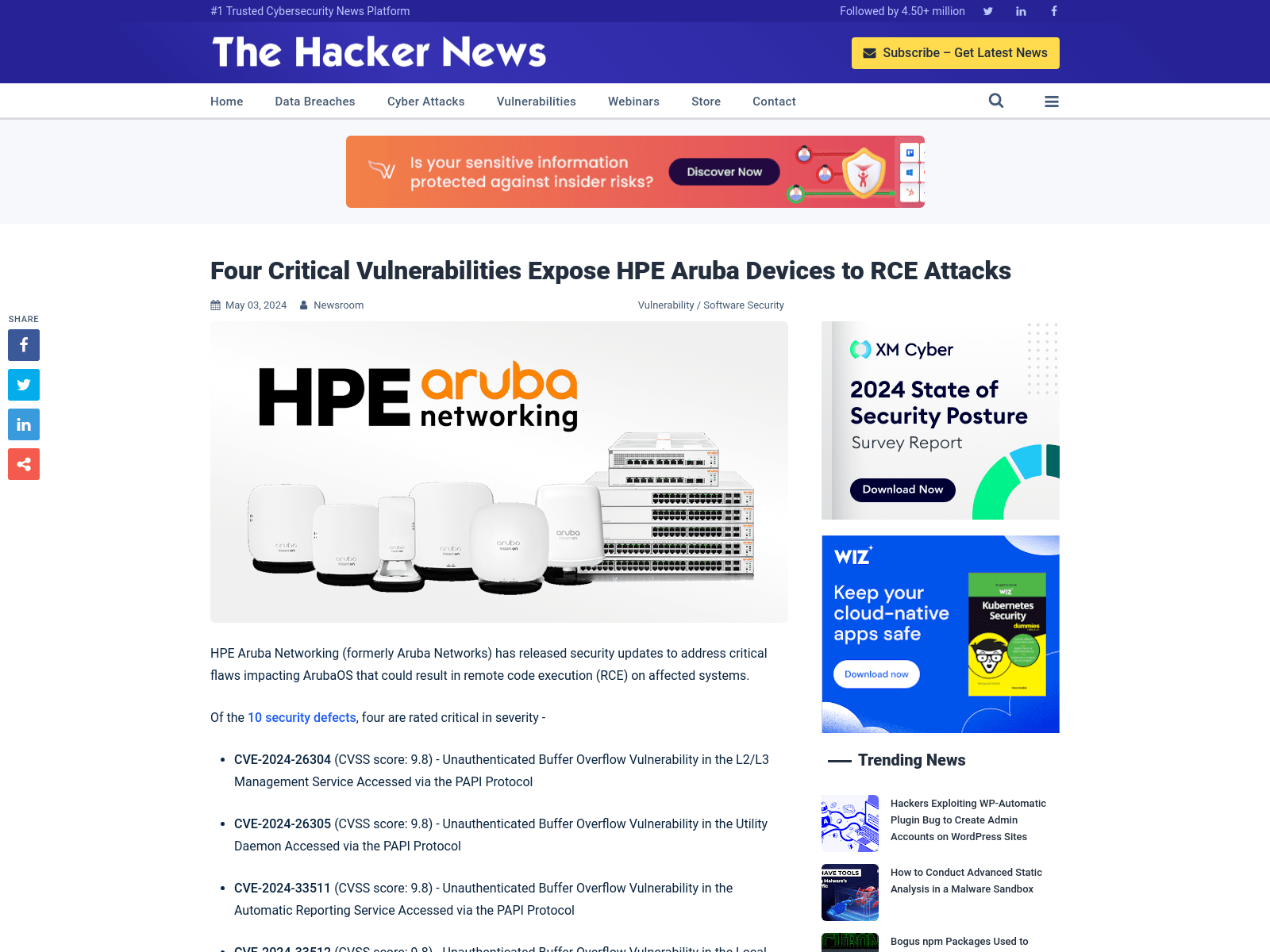 Four Critical Vulnerabilities Expose HPE Aruba Devices to RCE Attacks