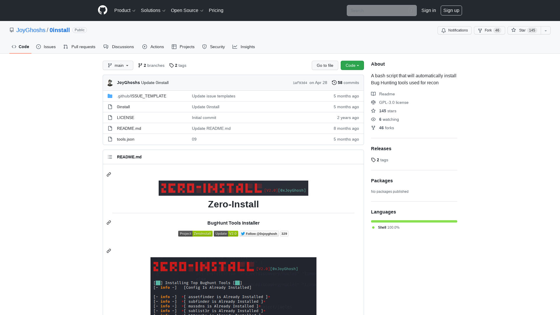 GitHub - JoyGhoshs/0install: A bash script that will automatically install Bug Hunting tools used for recon