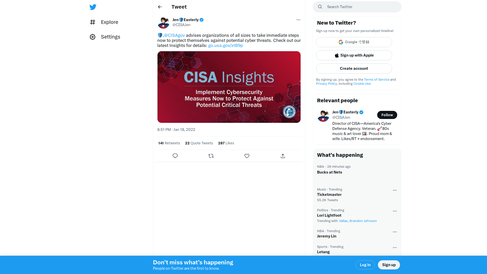 Jen🛡Easterly on Twitter: "🛡.@CISAgov advises organizations of all sizes to take immediate steps now to protect themselves against potential cyber threats. Check out our latest Insights for details: https://t.co/FMJaE7Q3uh https://t.co/hzYEU51Q1R" / Twitter