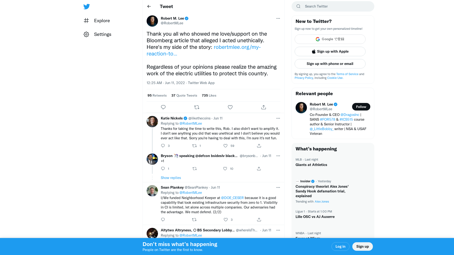 Robert M. Lee on Twitter: "Thank you all who showed me love/support on the Bloomberg article that alleged I acted unethically. Here's my side of the story: https://t.co/yIYIFAJQoF Regardless of your opinions please realize the amazing work of the electric utilities to protect this country." / Twitter