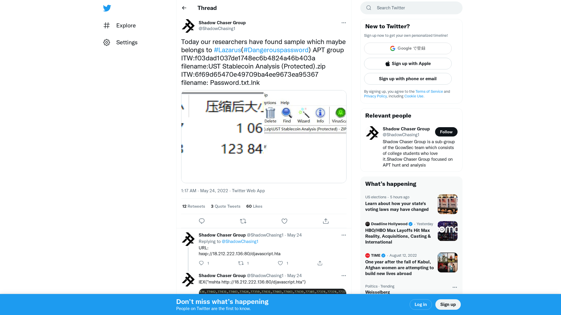 Shadow Chaser Group on Twitter: "Today our researchers have found sample which maybe belongs to #Lazarus(#Dangerouspassword) APT group ITW:f03dad1037de1748ec6b4824a46b403a filename:UST Stablecoin Analysis (Protected).zip ITW:6f69d65470e49709ba4ee9673ea95367 filename: Password.txt.lnk https://t.co/JZ3FQwH1bD" / Twitter