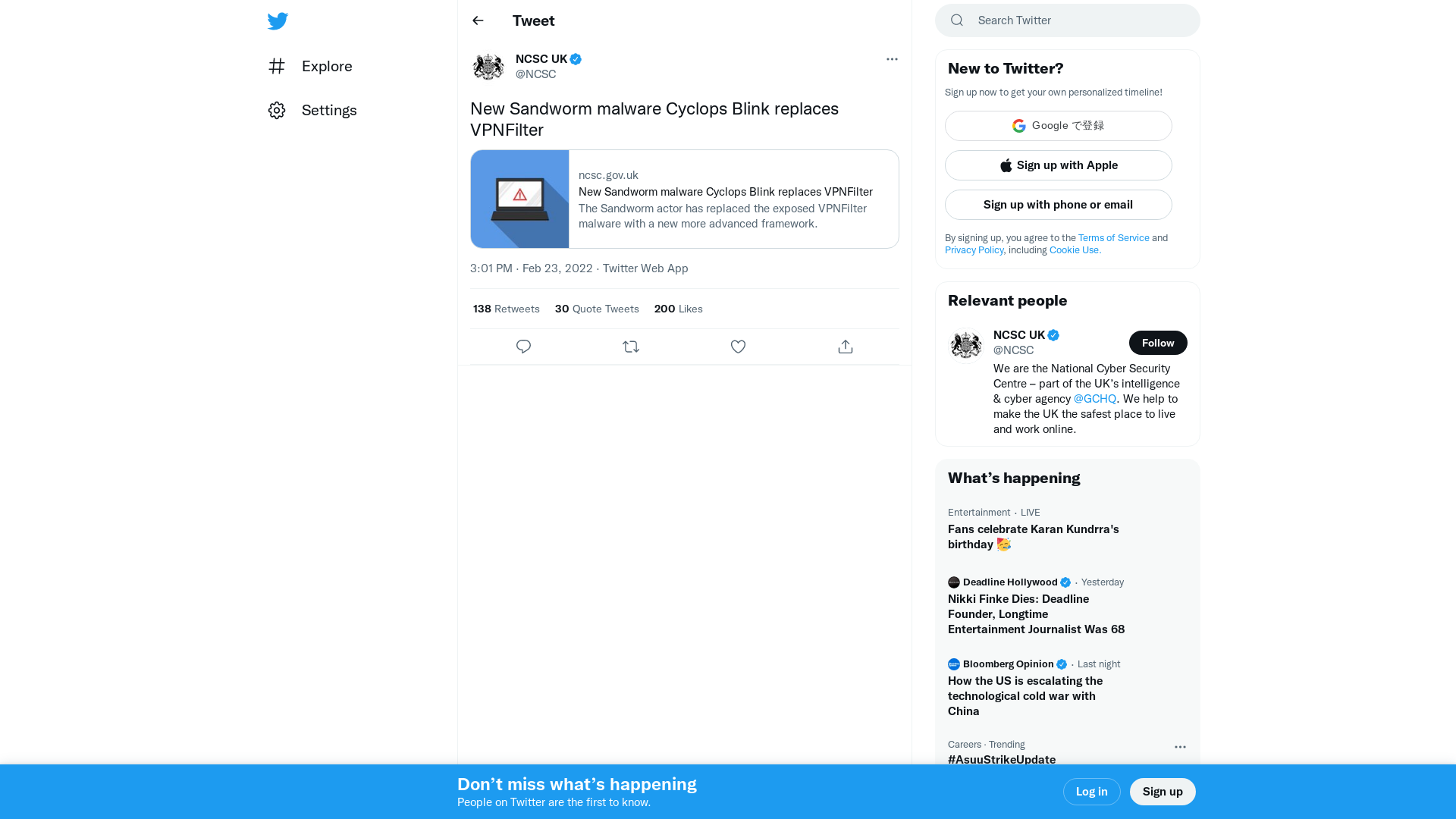 NCSC UK on Twitter: "New Sandworm malware Cyclops Blink replaces VPNFilter https://t.co/NxHaWWJW4b" / Twitter